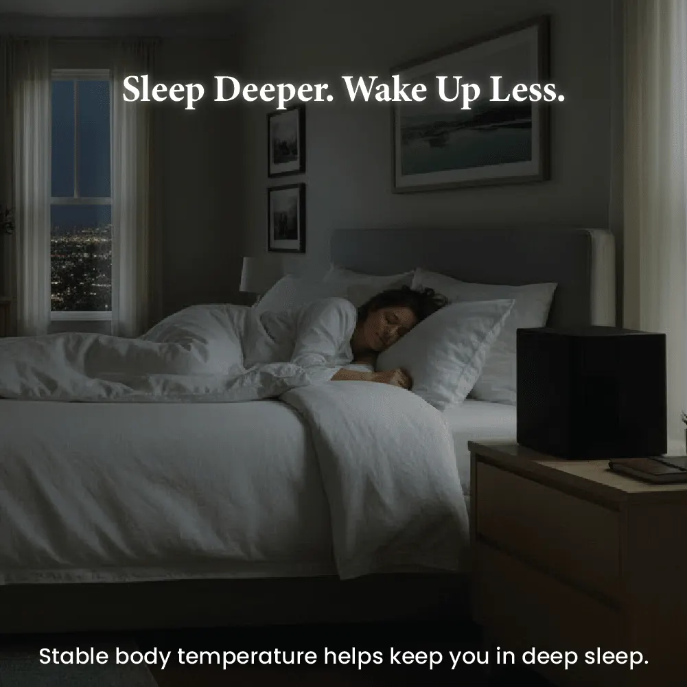 How does 8 Sleep work? Woman in deep sleep on a temperature-controlled water-cooled bed